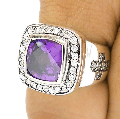 BIG AMETHYST CROSS BISHOP RING Sz 11.5 DIAMOND STERLING 925 SILVER 