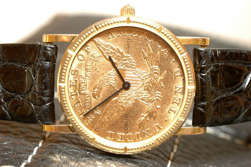 CORUM $10 COIN WATCH 22/18 KT.GOLD CROWN W/DIAMOND TOP  