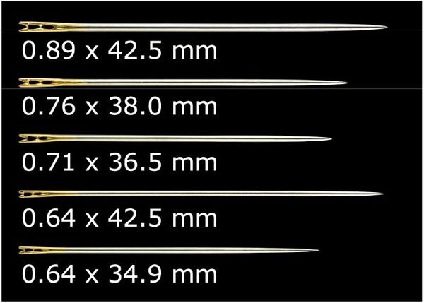   threading needles in five different sizes for thin to thick fabric