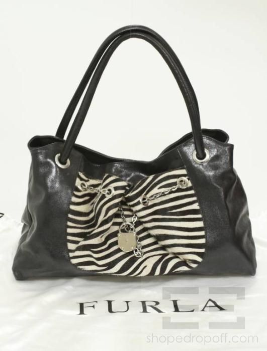 Furla Black Leather & Zebra Ponyhair Padlock Tote Bag  