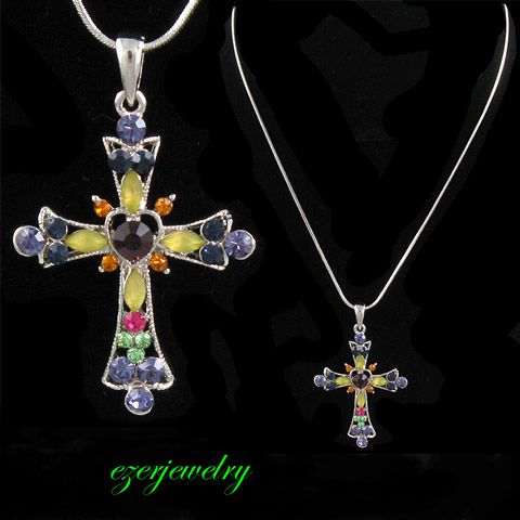 COLORFUL HEART CROSS RHINESTONE PENDANT NECKLACE N59  