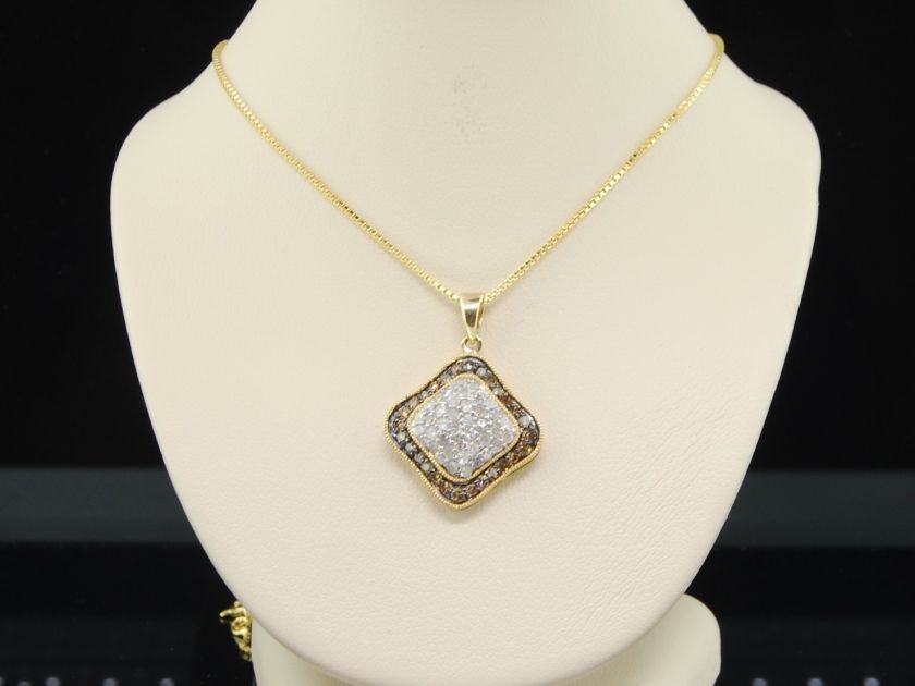   YELLOW GOLD 1 CT SQUARE PENDANT CHARM CHOCOLATE BROWN & WHITE DIAMOND