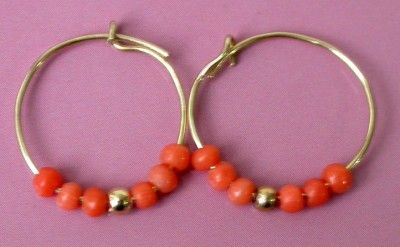 Vintage 14k Yellow Gold Antique Coral Beads Hoop Gypsy Earrings  