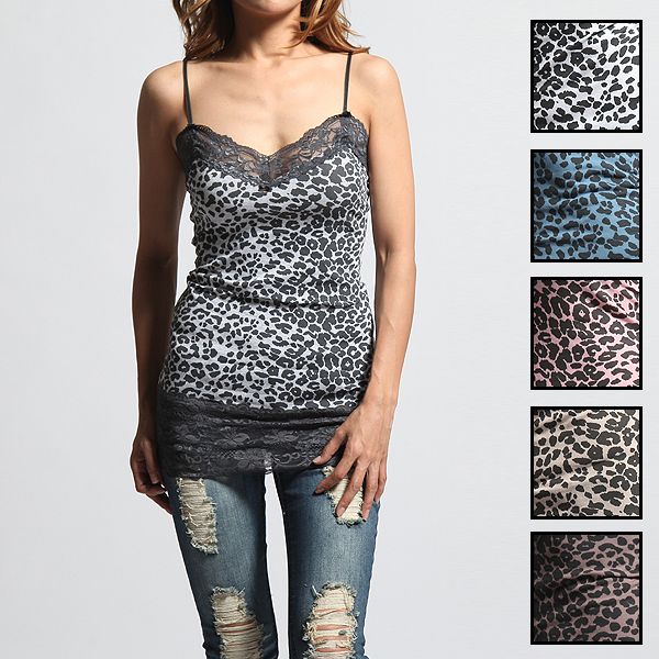 THE MOGAN Lace Trim Leopard Print Spaghetti Cami Top  