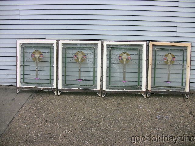 Pair of Antique 1920s Chicago Bungalow Stained Leaded Glass Windows 