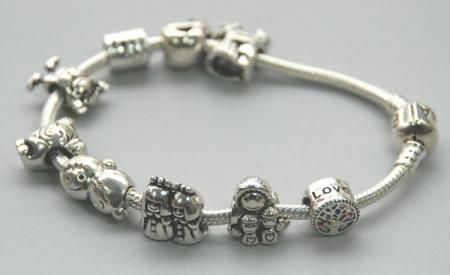 925 STERLING SILVER PANDORA BRACELET W 9pcs FAMILY THEME CHARMS 