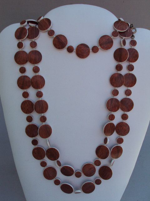 Vtg Unusual Long Plastic Faux Wood Grain Circle Beaded Necklace Belt 