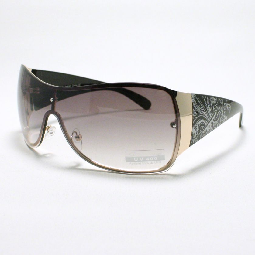 TATTOO Fleur De Lis Design SHIELD Fashion Sunglasses GOLD BLACK  