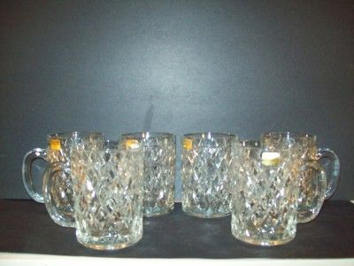 VINTAGE PAUL SEBASTIAN CRYSTAL CRISSCROSS GLASS MUG SET OF 6 WITH BOX 