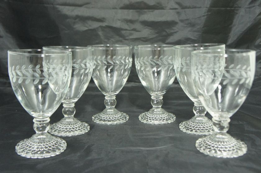 VINTAGE 6 WINE/DESSERT ETCHED GLASSES HOBNAIL BASE  