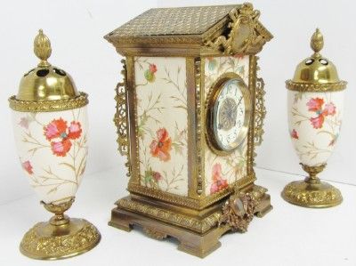 ANTIQUE 19THC FRENCH GILT BRONZE & CREAM PORCELAIN GARNITURE MANTEL 