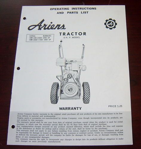 ARIENS 6 HP10M L60 L60D GARDEN TRACTOR OPR PARTS MANUAL  