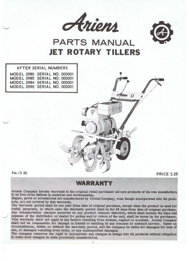 ANTIQUE ARIENS GARDEN TILLER DEALERS PARTS MANUAL JET ROTARY TILLER 