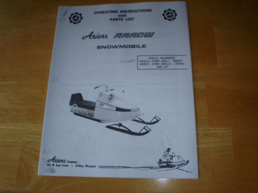 Vintage Ariens Arrow Snowmobile Instructions Parts List  