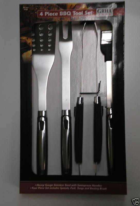 NEW 4PC STAINLESS STEEL BBQ BARBEQUE SOFT GRIP TOOL SET  