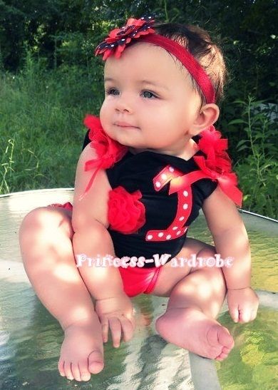 Polka Dot Print 1st Birthday Red cake Baby Black Top  