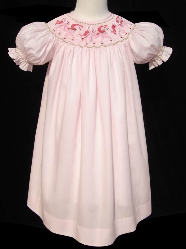 Smocked pink carousel horse bishop dress 6 mos 16503  