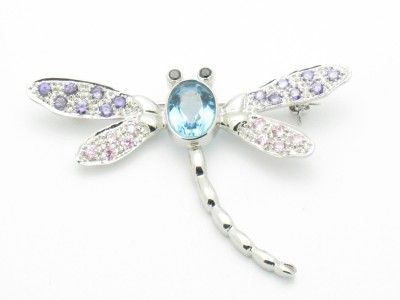 PLATINUM SILVER BLUE TOPAZ BLACK STONE DRAGON FLY PIN  