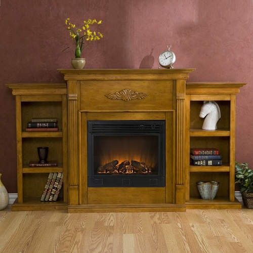 OAK ELECTRIC FIREPLACE w/ BOOKSHELVES & REMOTE   70W  