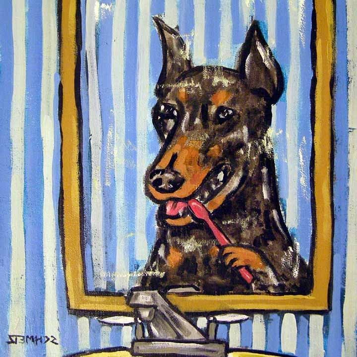 Doberman brushing Teeth CERAMIC dog art tile coaster  