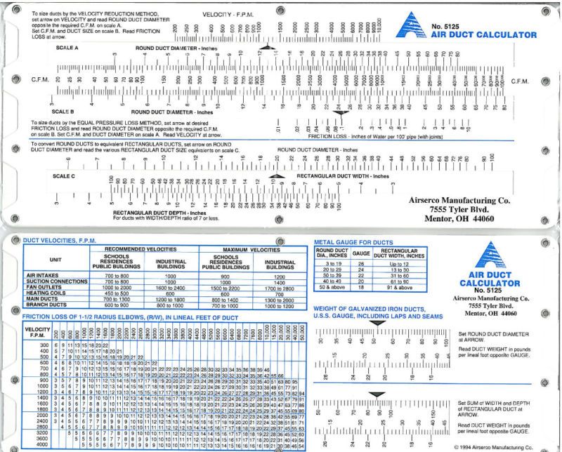 AIR DUCT SIZE CALCULATOR SLIDE RULE CHART, HVAC, AC  