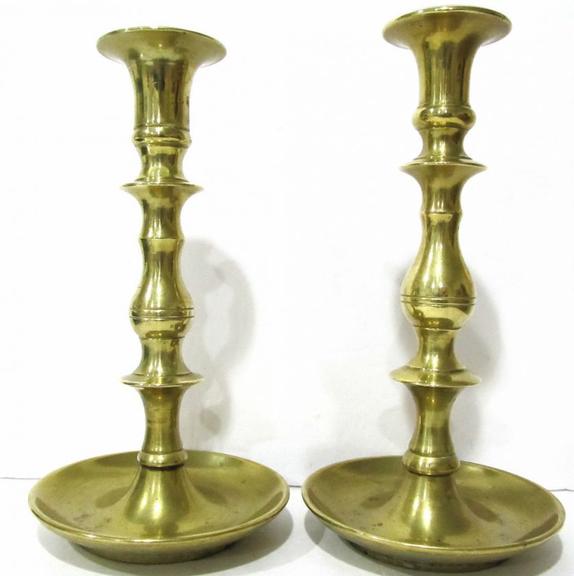 Wonderful Antique 1800s Hand Turned Brass Saucer Candlesticks  