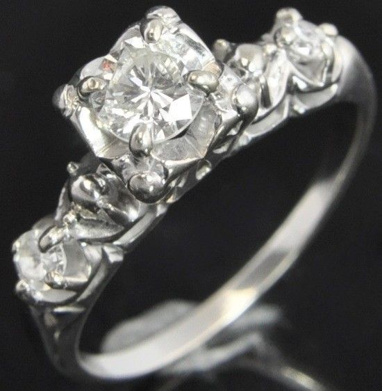 Antique Estate 14K White Gold Art Deco Diamond 3 Stone Vtg Engagement 