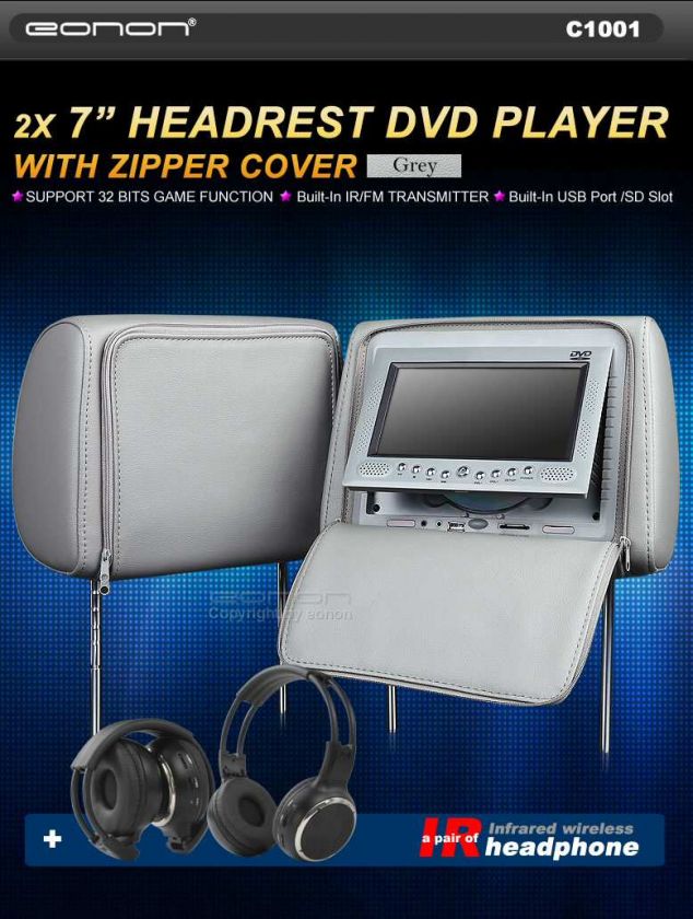 Pair 7 LCD Car Headrest DVD Player w/ Grey Gray Cover Eonon C1001 