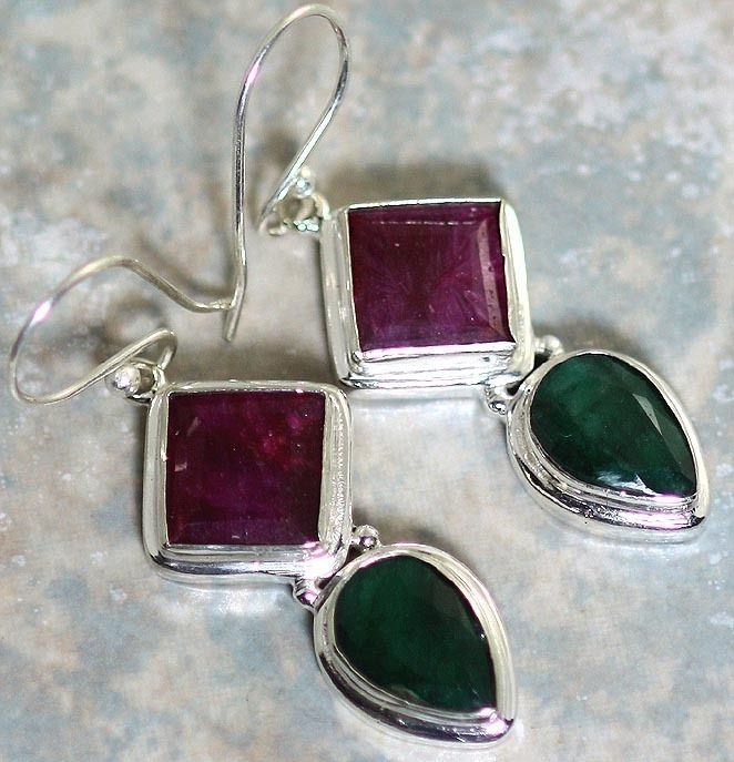 ELEGANT RUBY & EMERALD .925 STERLING SILVER EARRINGS (D309)  