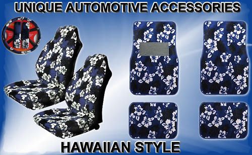 BLUE HAWAIIAN HIBISCUS HIGH BACK SEAT COVERS FLOOR MATS  