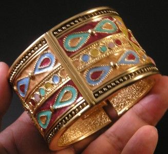 Turkish Style Gold Pewter Enamel Hinged Bangle Bracelet  