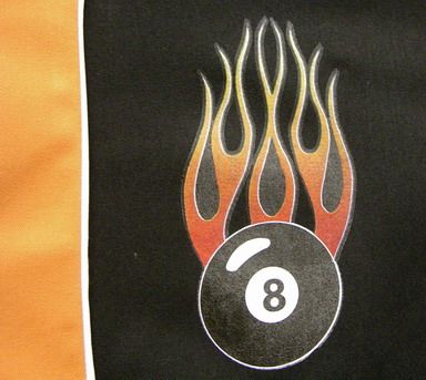    Heavyweight Rayon Black/Orange w/ FLAMING 8 BALL front COOL  