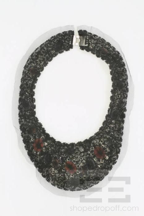 Designer Black Mesh Jeweled & Beaded Bib Necklace  