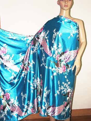   Dressmaking Satin Kimono Fabric Peacock Print Blue By The Yard  