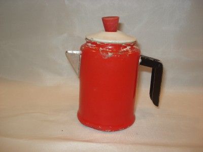 VINTAGE CHILDS TOY COFFEE POT METAL ORANGE W/INSERT  