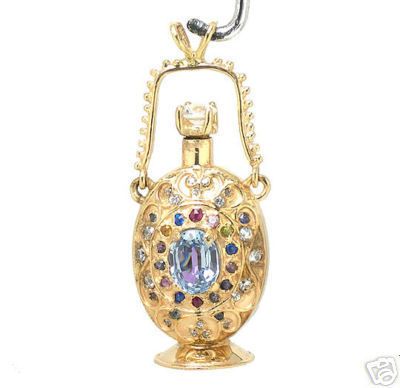 PERFUME BOTTLE 14K AMETHYST BLUE TOPAZ & GEMS PENDENT  