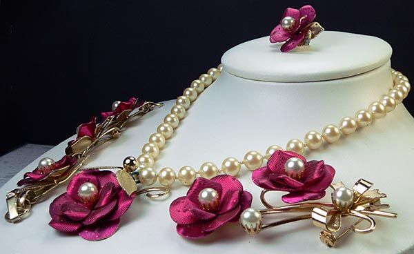 Vintage 1950s Prom Jewelry Pearls Set, Red Rose Pendant, Bracelet 