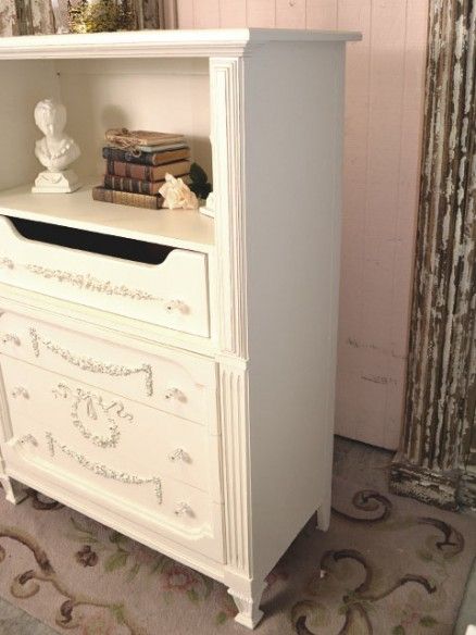   Cottage Chic White Dresser Highboy 4 Drawer Shelf French Vintage Style