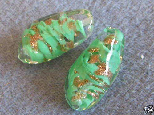 Pr Vintage Venetian Aventurine Sommerso Beads, Green  