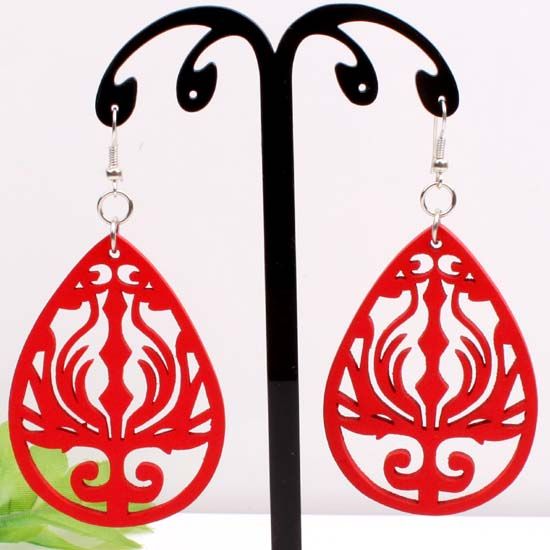   Wooden Carved Waterdrop Flower Bead Hoop Earrings 80mm Long 1PC  