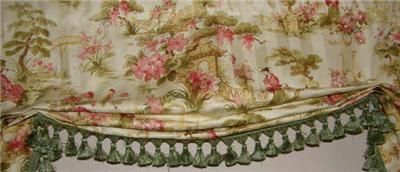   Balloon SHADE Valance Oriental Toile Fabric Pink Green Tassel Trim