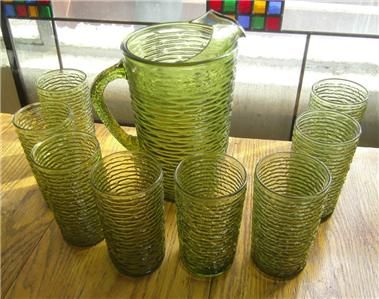 VINTAGE AVACADO GREEN SORENO ANCHOR HOCKING 8 DRINKING WATER GLASSES 